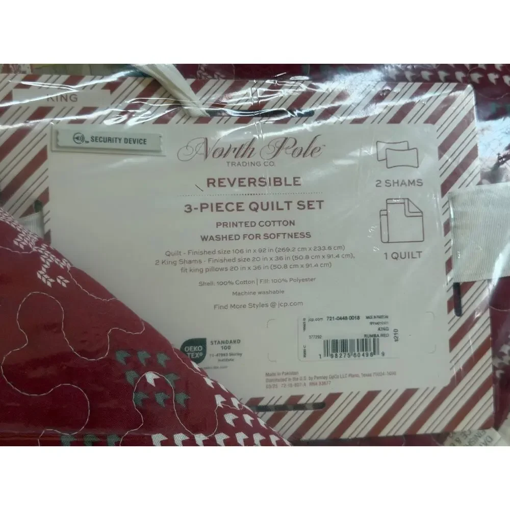 North Pole Trading Co. 3PC Cotton Holiday Novelty Stripe Quilt Set KING Red